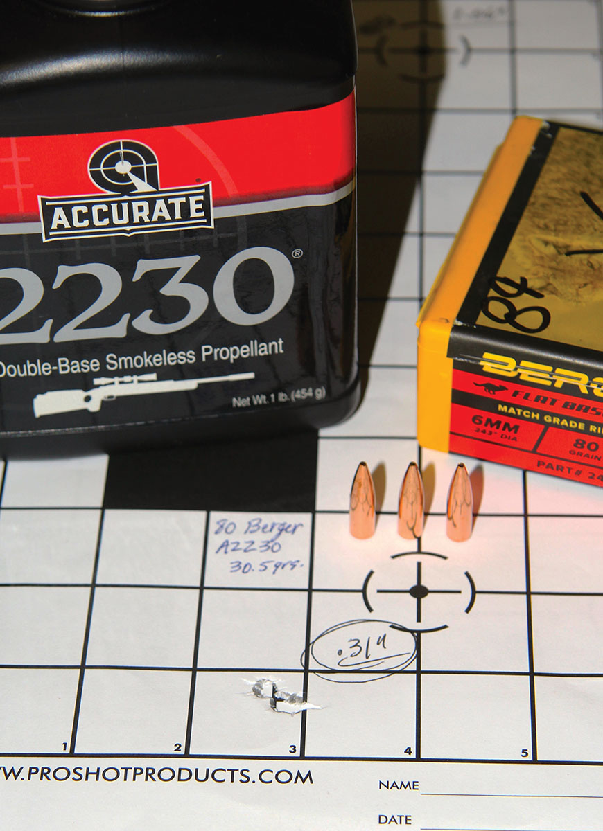 This .31-inch group resulted from 30.5 grains of Accurate 2230 beneath Berger’s 80-grain Flat Base Varmint bullet. Muzzle velocity was 3,067 fps from the 20-inch barrel of the Carbon Elevate.